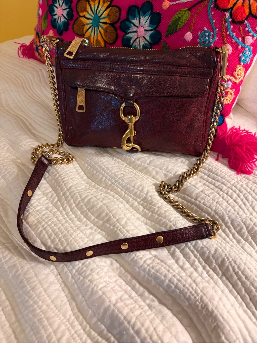 Rebecca Minkoff Wine Leather Crossbody with Gold Chain Strap